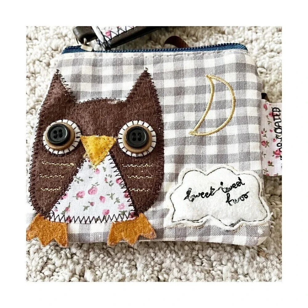 Felt Owl Wristlet | Gingham Stitch Design Moon Fall Pouch Bag Autumn Pink Roses